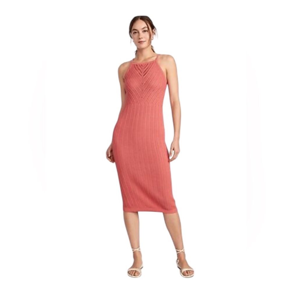 Old Navy Sweater Dress Fitted Sleeveless Chevron Knit Midi Womens Medium Coral
